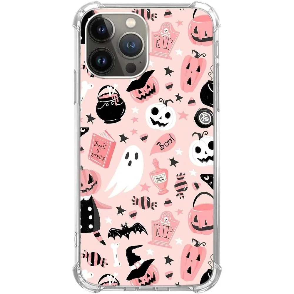 Pink Halloween Ghost Pumpkin iPhone 13 Pro Case Shockproof‎ TPU Clear Cover